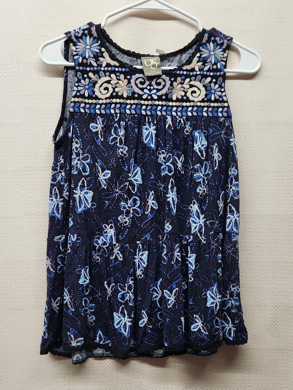 Embroidered Navy Blue Floral Tank Top